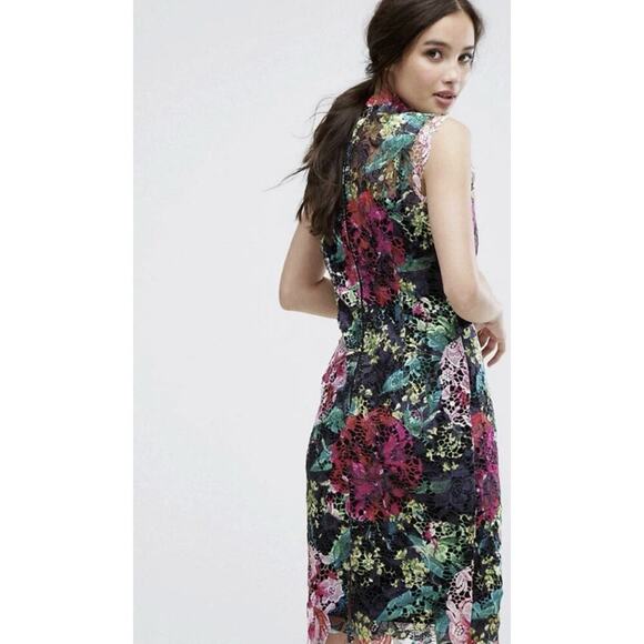 PAPER DOLLS London High Neck Black Pink Floral Crochet Lace Pencil Midi Dress 16 - Picture 3 of 15